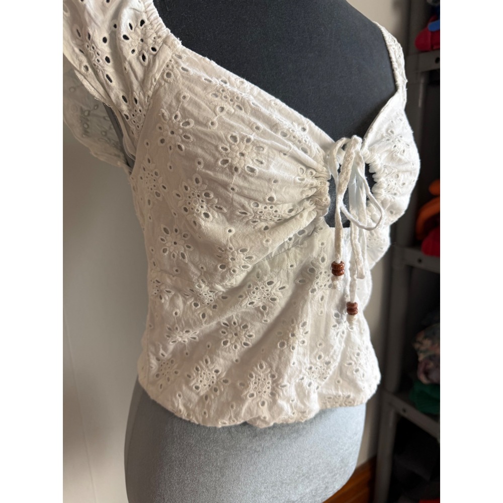 White Eyelet Lace Tie Front Crop Top Smocked Back Boho milkmaid Regencycore - Picture 2 of 12